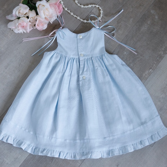 Smocked Linen Sundress Blue size 9 Months Luli & Me Embroidery Summer Vacation - Picture 3 of 5